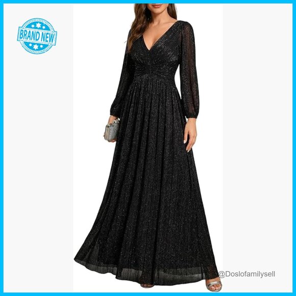 Elegant Glitter A-Line Formal Dress Long Sleeve Floor Length Evening Gown